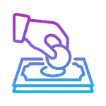 Pink-blaue Linienzeichnung einer stilisierten Illustration einer Hand, die eine Münze in eine Geldbox wirft mit Farbverlauf von oben nach unten.