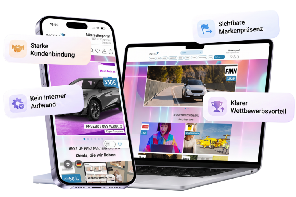 Smartphone und Laptop zeigen die Startseite unseres Vorteilsportals mit Angeboten und Vorteilen. Außerdem sind Hinweise wie starke Kundenbindung, kein interner Aufwand, sichtbare Markenpräsenz und klarer Wettbewerbsvorteil präsent platziert.